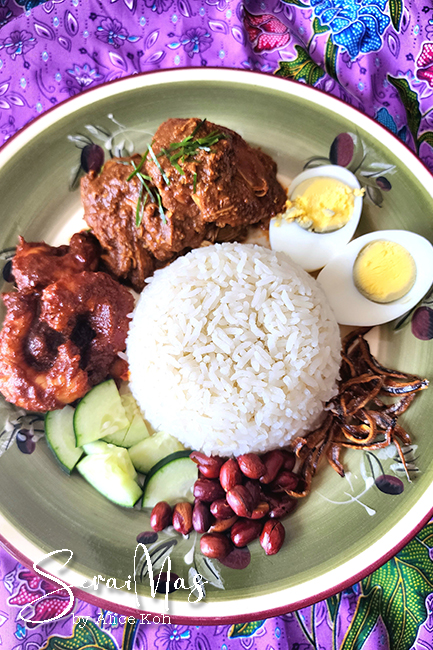 Nasi Lemak with Chicken Rendang and Prawns Sambal